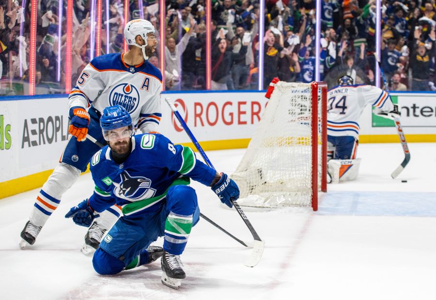 <who>Photo Credit: Vancouver Canucks</who>Conor Garland scored the game-winning goal in game 1.